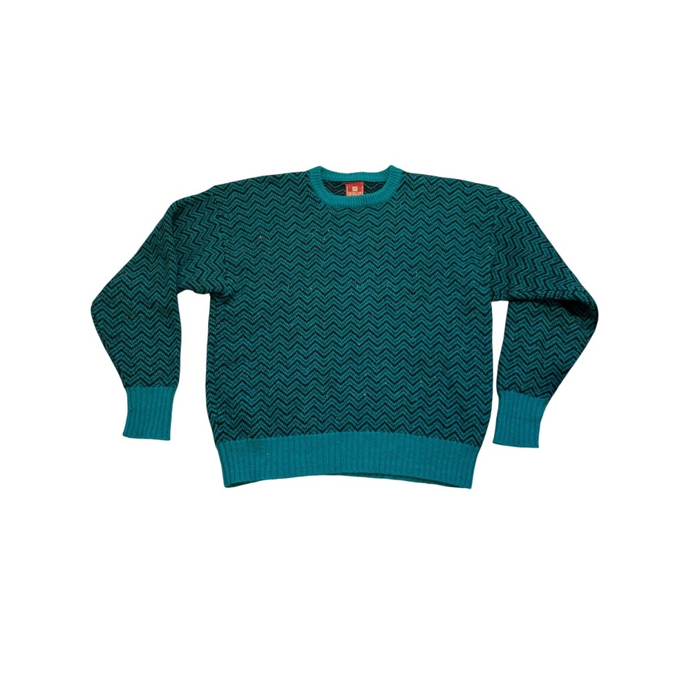 Nordstrom Scottish Shetland Wool Knit Sweater XL Teal Herringbone Retro VTG